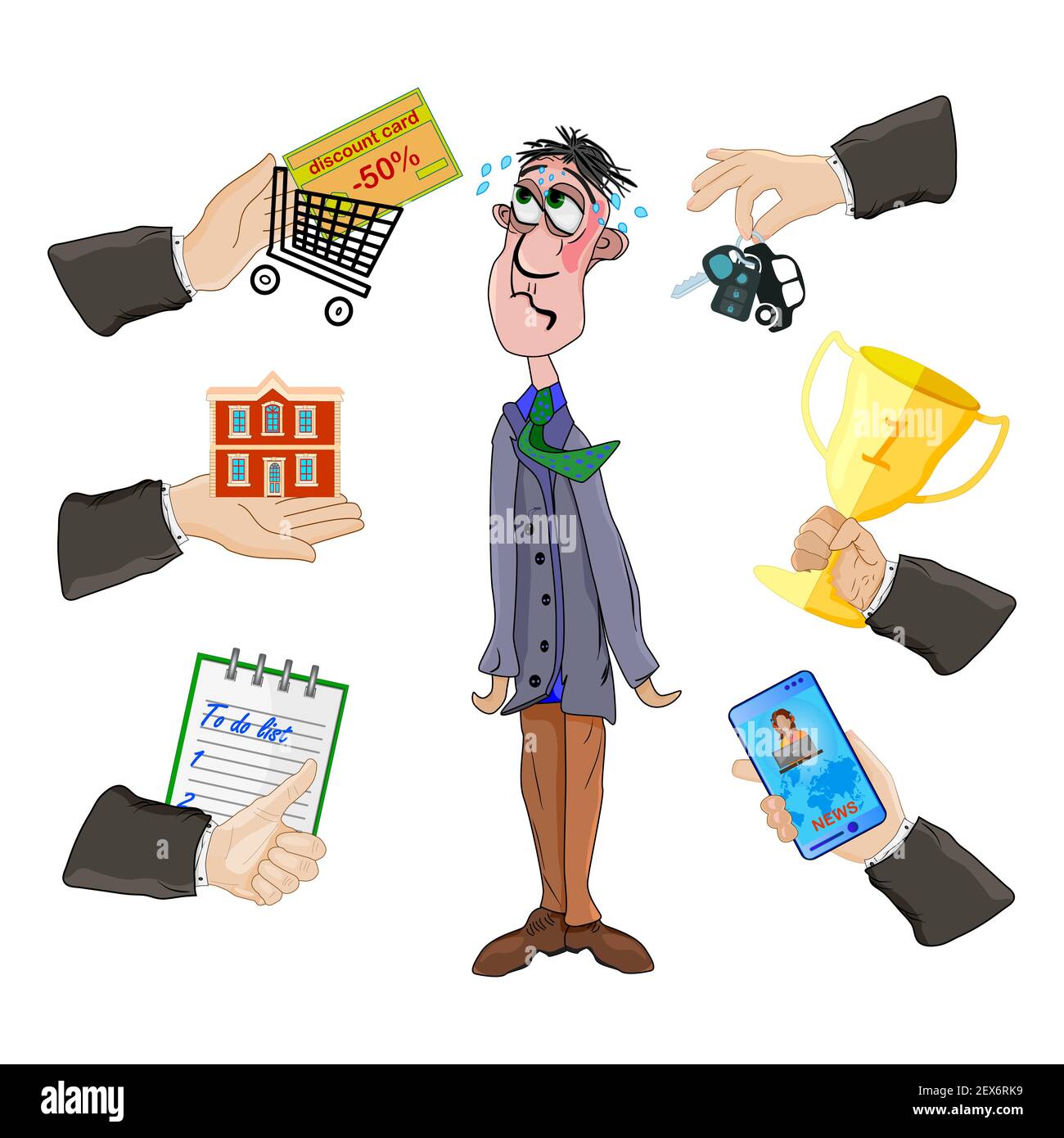 Depressed man with many hands. Multitasking problem with productivity