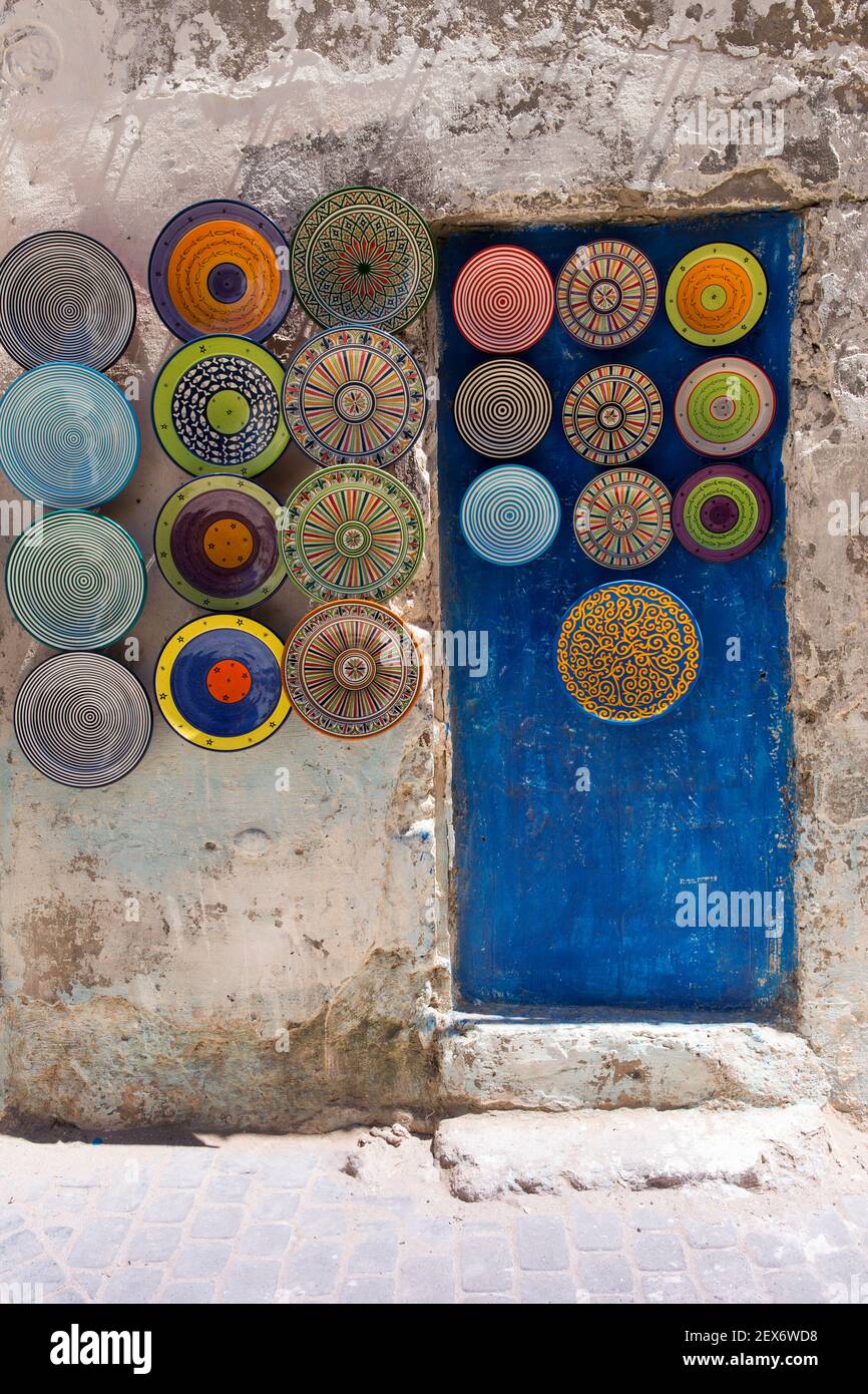 Morocco, Essaouira, pottery on display outside a shop Stock Photo