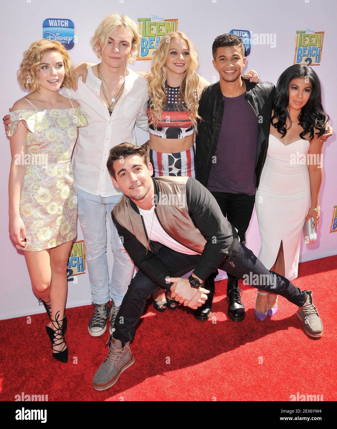 L-R) Grace Phipps, Ross Lynch, Mollee Gray, Jordan Fisher, Chrissie Fit and Johnny DeLuca arrives at The Disney "Teen Beach 2" Los Angeles Premiere held at the Walt Disney Studios in