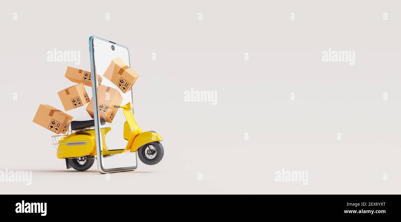 Fast delivery concept with scooter coming with packages through the smartphone screen 3D Rendering, 3D Illustration Stock Photo