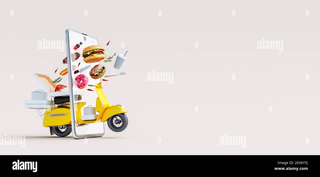 Fast food online delivery concept with scooter coming through the smartphone screen 3D Rendering, 3D Illustration Stock Photo