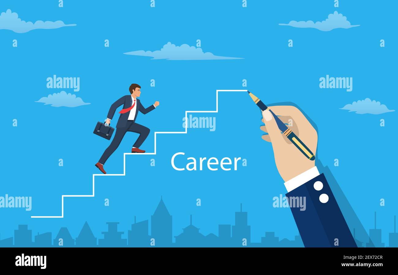 Man is climbing career ladder. Human hand drawing stairs close up