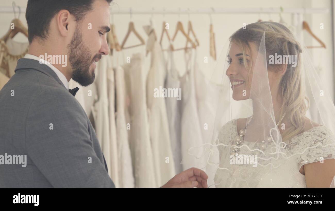 Happy bride and groom in wedding dress prepare for married in wedding