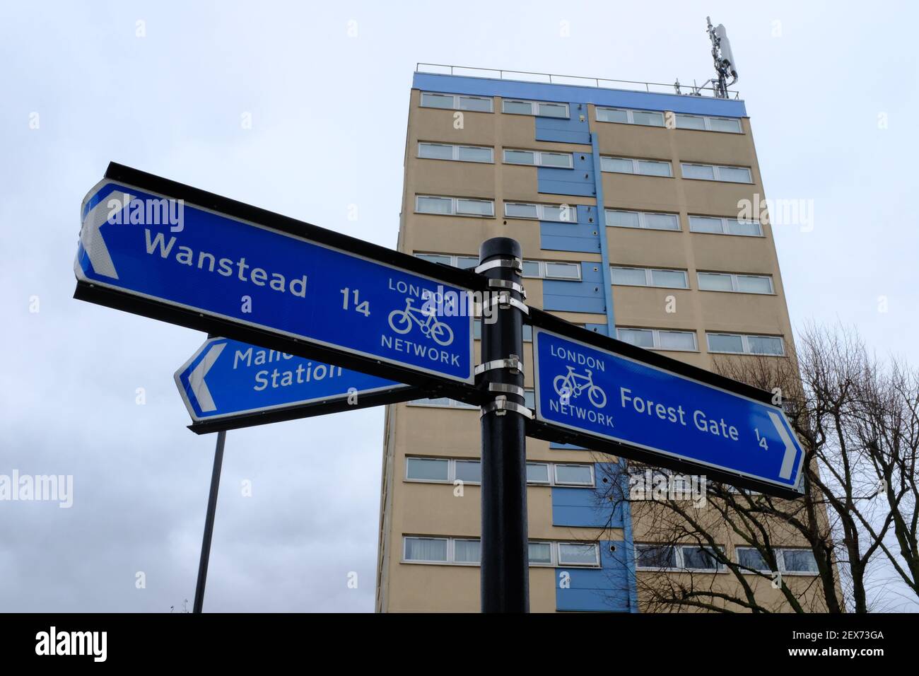 FOREST GATE, LONDON - 4TH MARCH 2021: London Cycle network signpost for directions to Wanstead & Forest Gate. Stock Photo