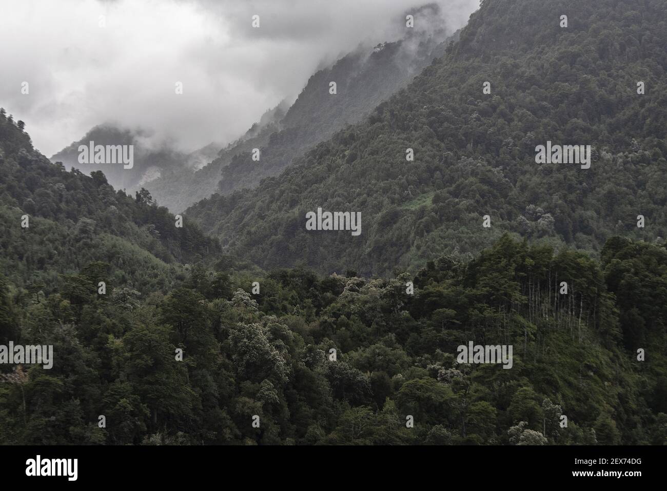 An aerial of the beautiful mountains covered in greens under the cloudy ...