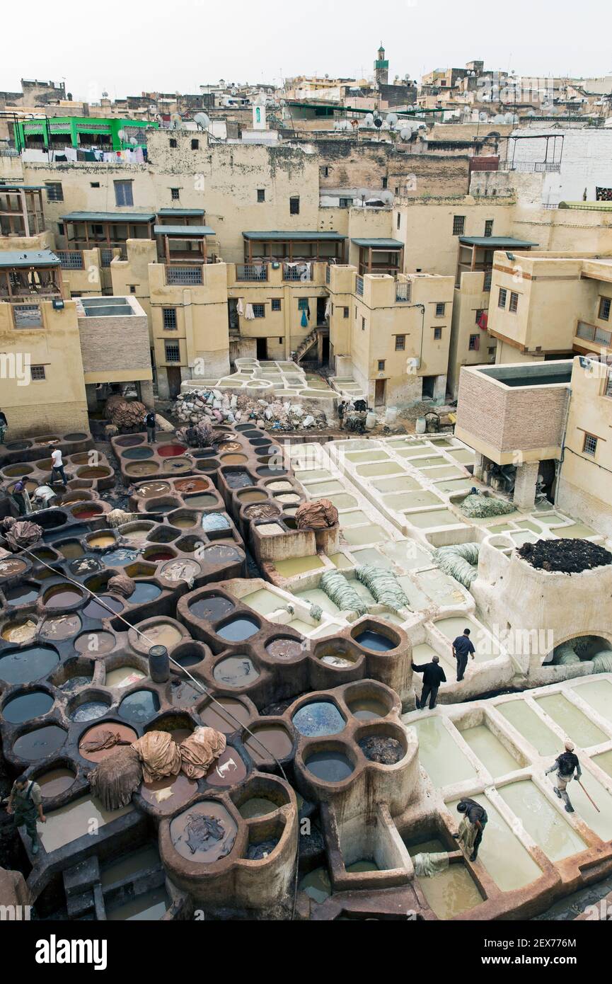Morocco, Fez, the tanneries of Fez, overview of vats used to dye  or tan leather hides Stock Photo
