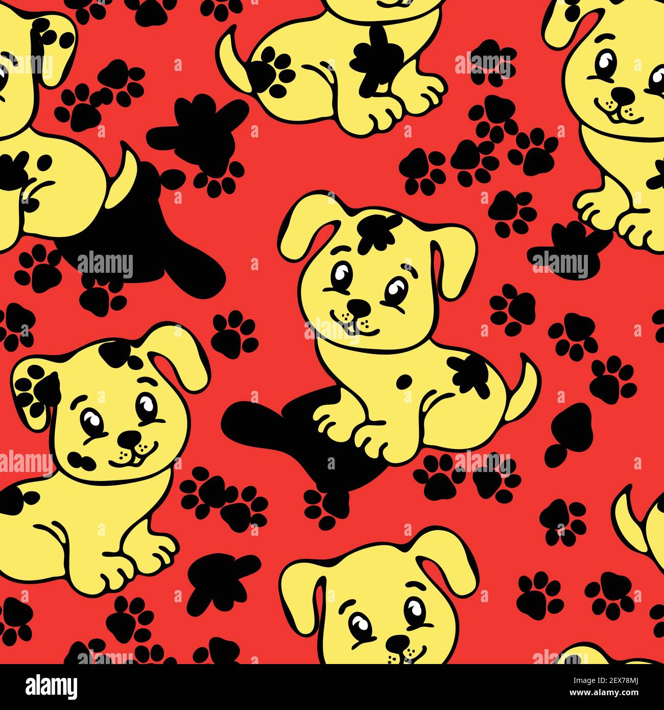 Seamless vector pattern with puppy's on red background. Fun animal wallpaper design with messy dog and footprints. Cute childish fashion fabric. Stock Vector