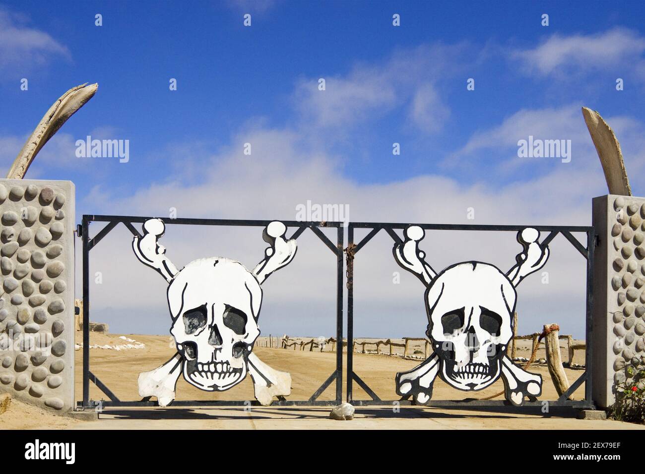 Gateway with skulls to the Skeleton Coast, Namib Desert, Namibia, Africa, Gateway with skulls to the Skeleton Coast, Namib Deser Stock Photo