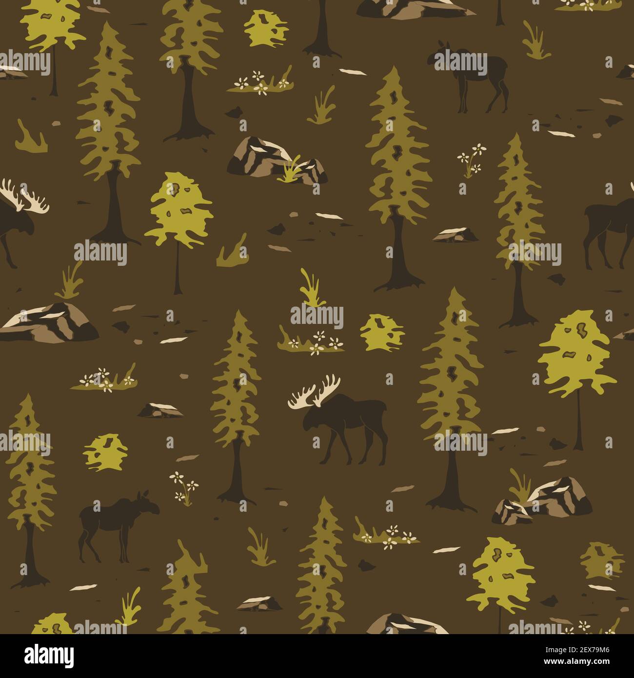Seamless vector pattern landscape with moose and trees on brown background. Canadian forest wallpaper design. Stock Vector
