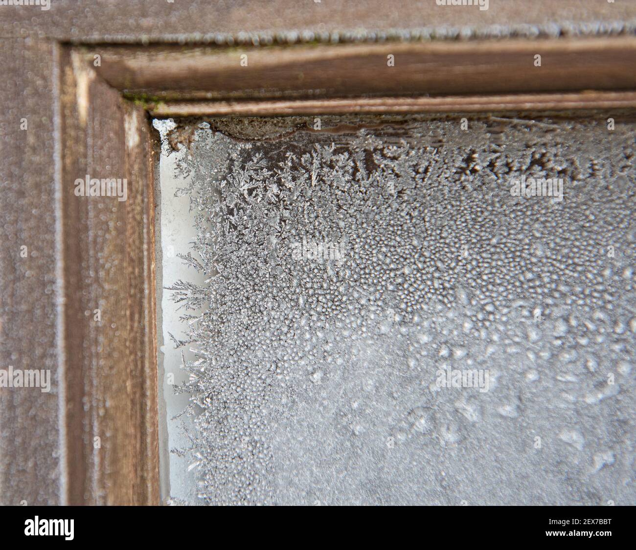 Abstract closeup detail of frozen ice on window pane of glass in wooden frame Stock Photo