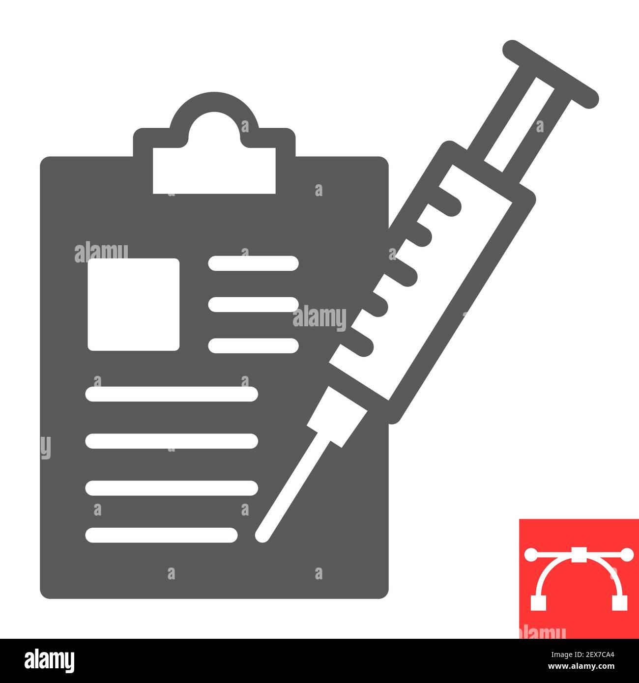 Immunization program glyph icon, vaccine and injection, clipboard with syringe vector icon, vector graphics, editable stroke solid sign, eps 10. Stock Vector