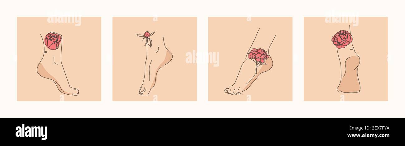 Elegant female feet with flowers. Human legs and heels. Trendy vector illustration in minimalistic style. Plants and flowers rose line. Stock Vector