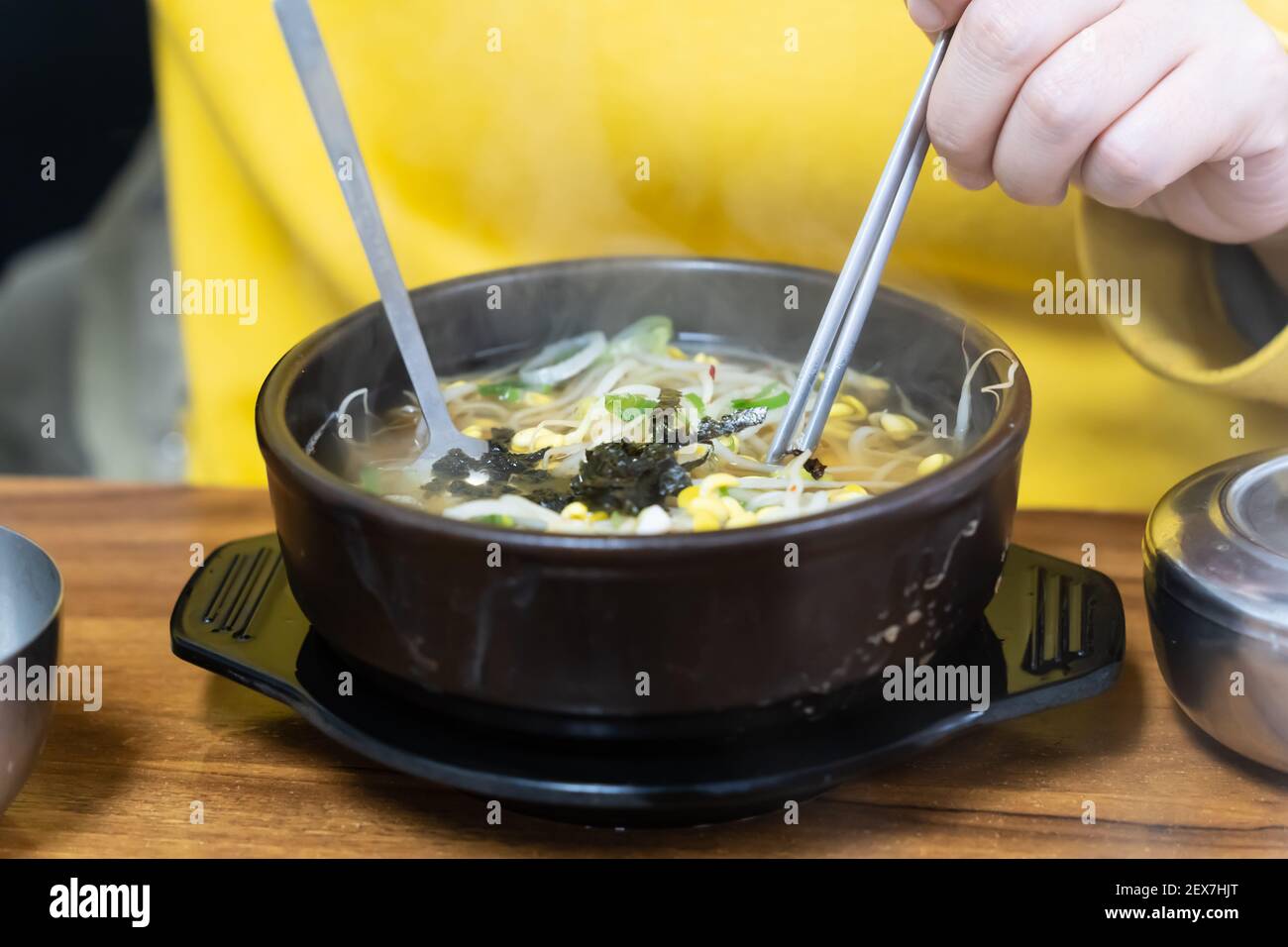 We had spicy bean sprout soup rice for lunch. Stock Photo