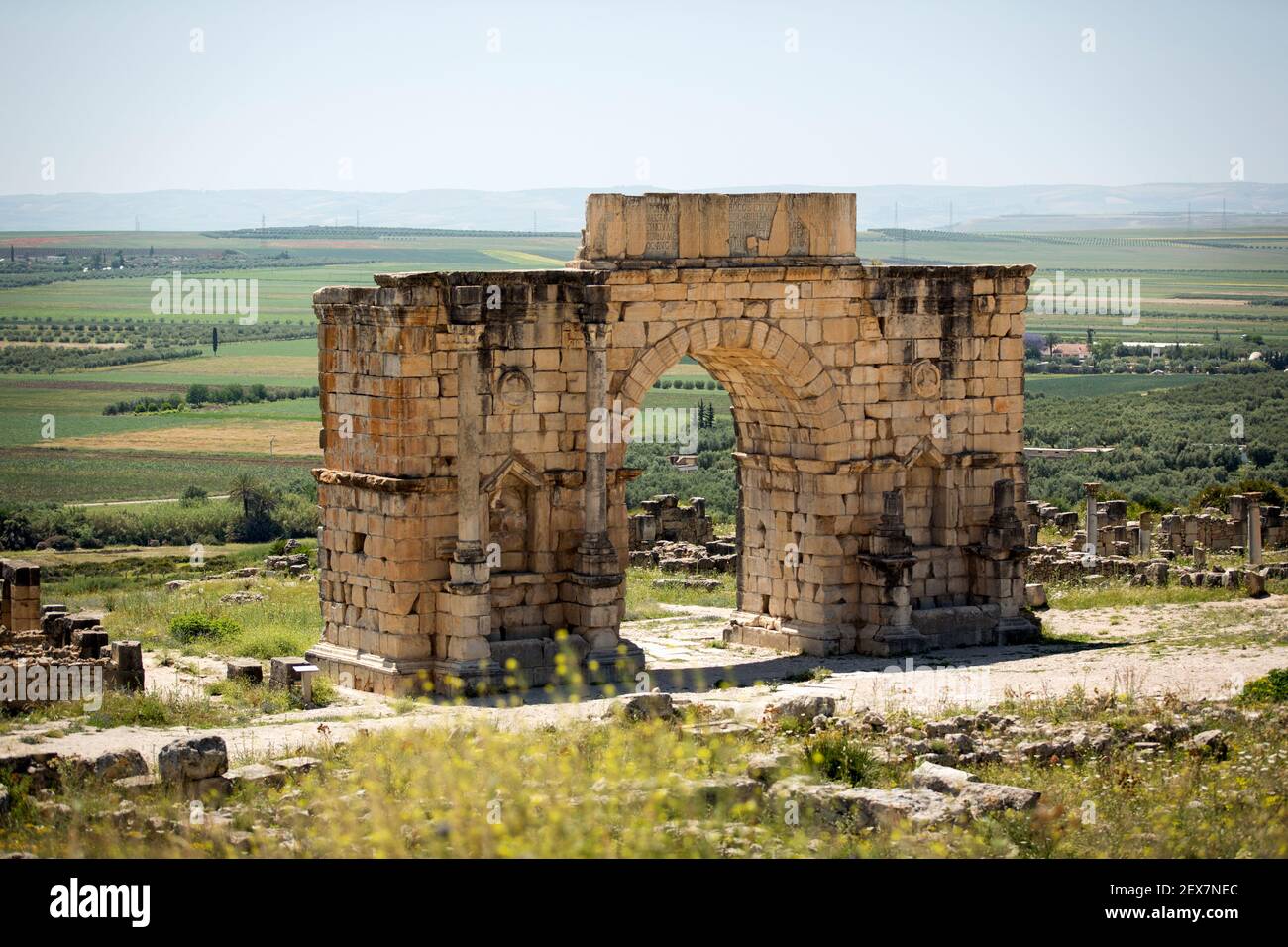 Morocco, Volubilis, Roman ruins circa  3BC to AD 40, the Triumphal Arch, Stock Photo