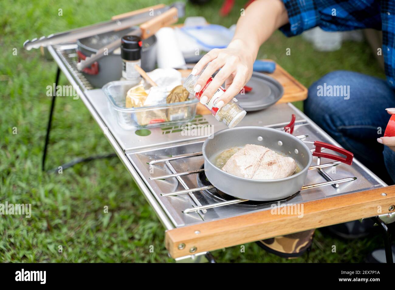 Barbecue in the campground. Stock Photo