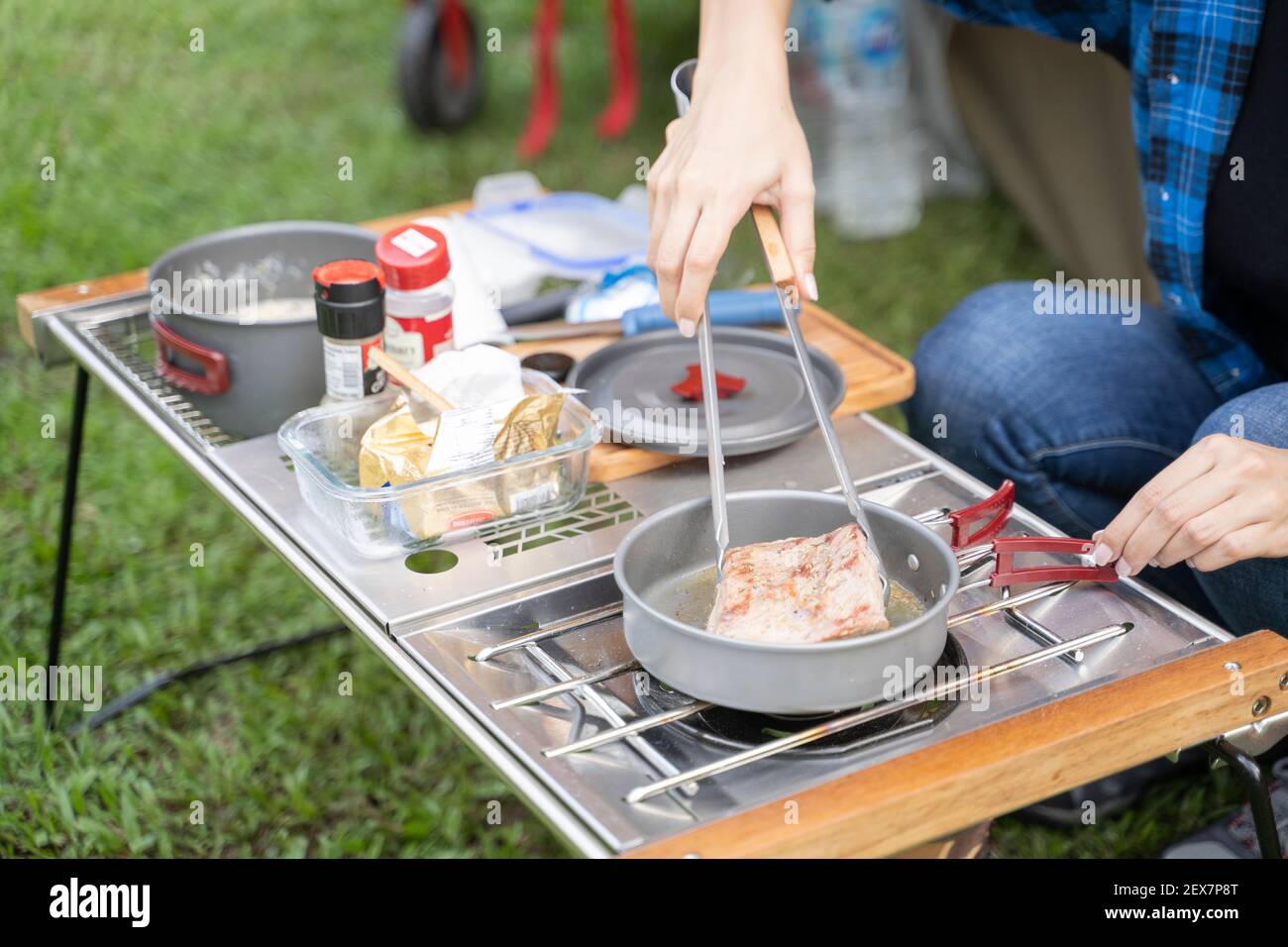 Barbecue in the campground. Stock Photo