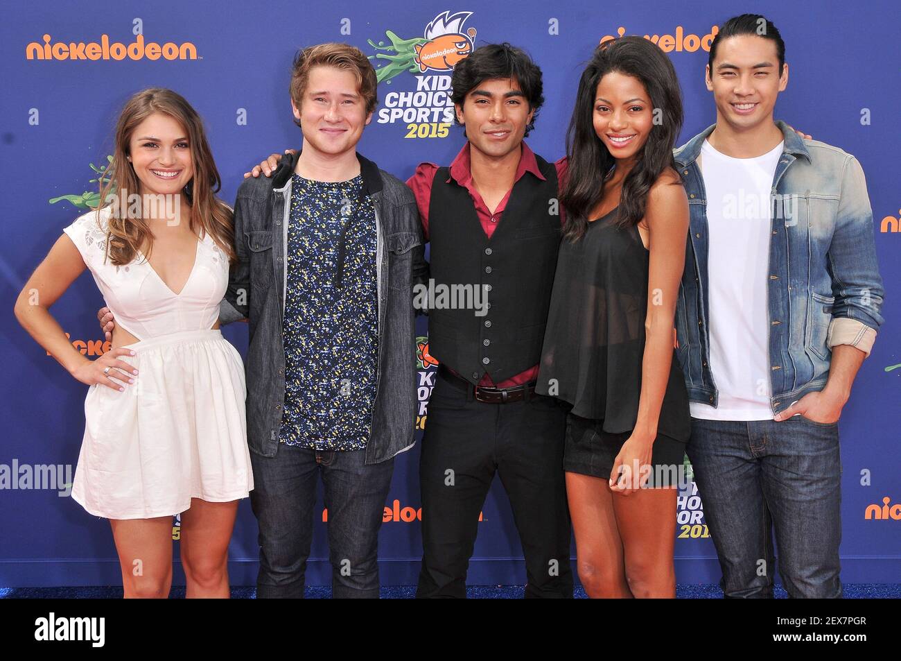 L-R) POWER RANGERS DINO CHARGE Cast - Claire Blackwelder, Michael Taber,  Brennan Mejia, Camille Hyde and Yoshi Sudarso arrives at the Nickelodeon's  Kids' Choice Sports 2015 held at the UCLA's Pauley Pavilion