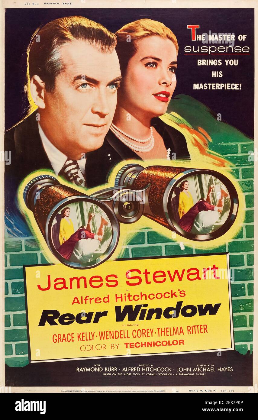 Alfred Hitchcock movie poster for Rear Window with James Stewart and Grace Kelly. Also feat. Wendell Corey and Thelma Ritter. Stock Photo
