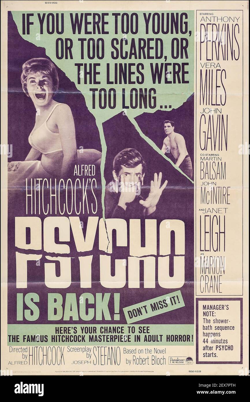 Psycho. Advertisement / poster.  Alfred Hitchcock. 1960. The film feat. Anthony Perkins, Janet Leigh, Vera Miles and John Gavin. Stock Photo