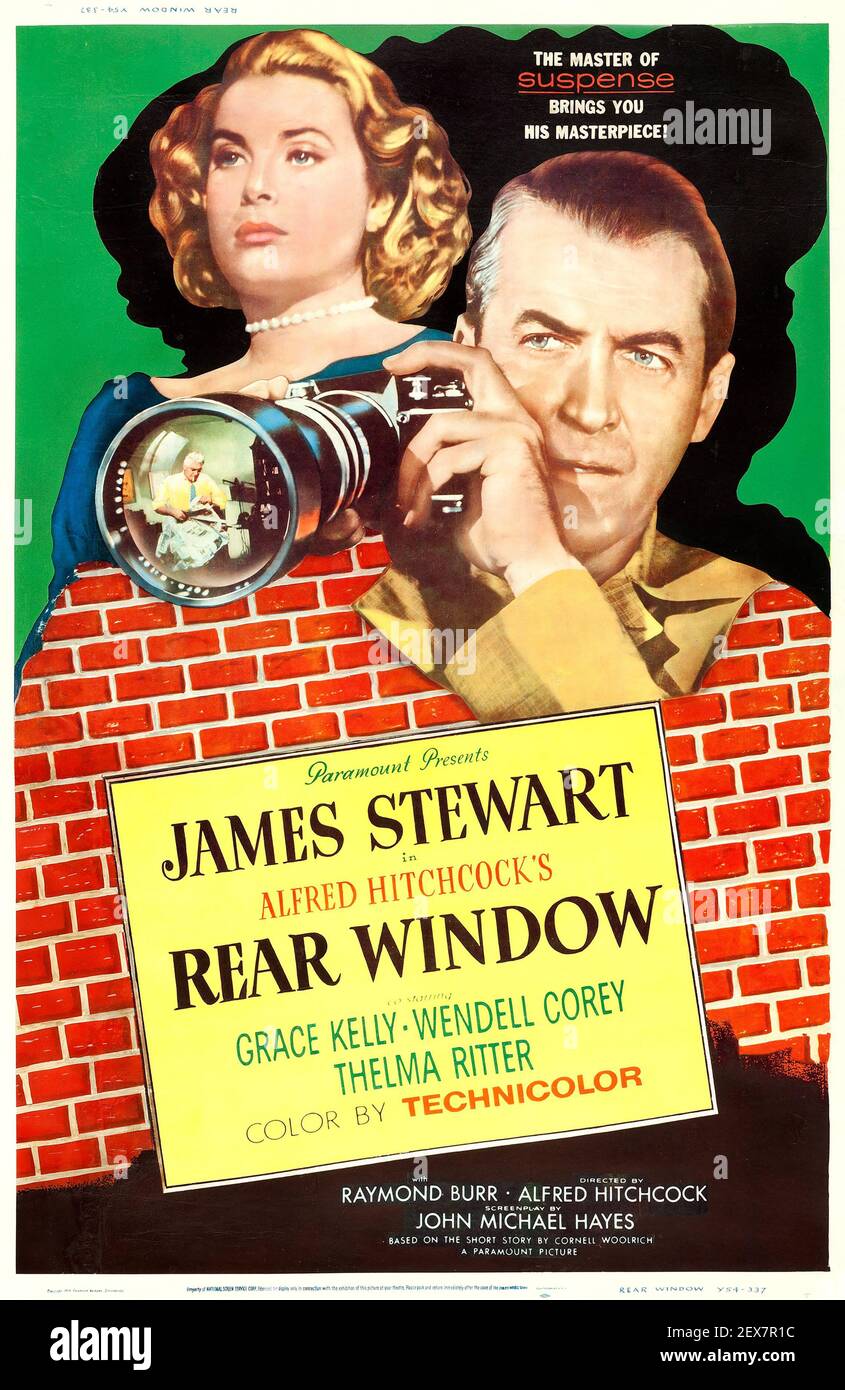Alfred Hitchcock movie poster / ad for Rear Window with James Stewart and Grace Kelly. Also feat. Wendell Corey and Thelma Ritter. Stock Photo