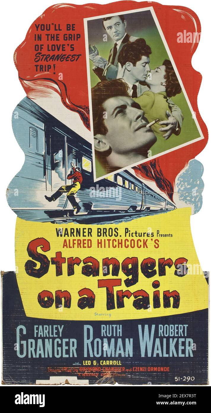 Strangers on a train. Alfred Hitchcock movie poster. Feat. Farley Granger, Ruth Roman and Robert Walker. 1951. Stock Photo