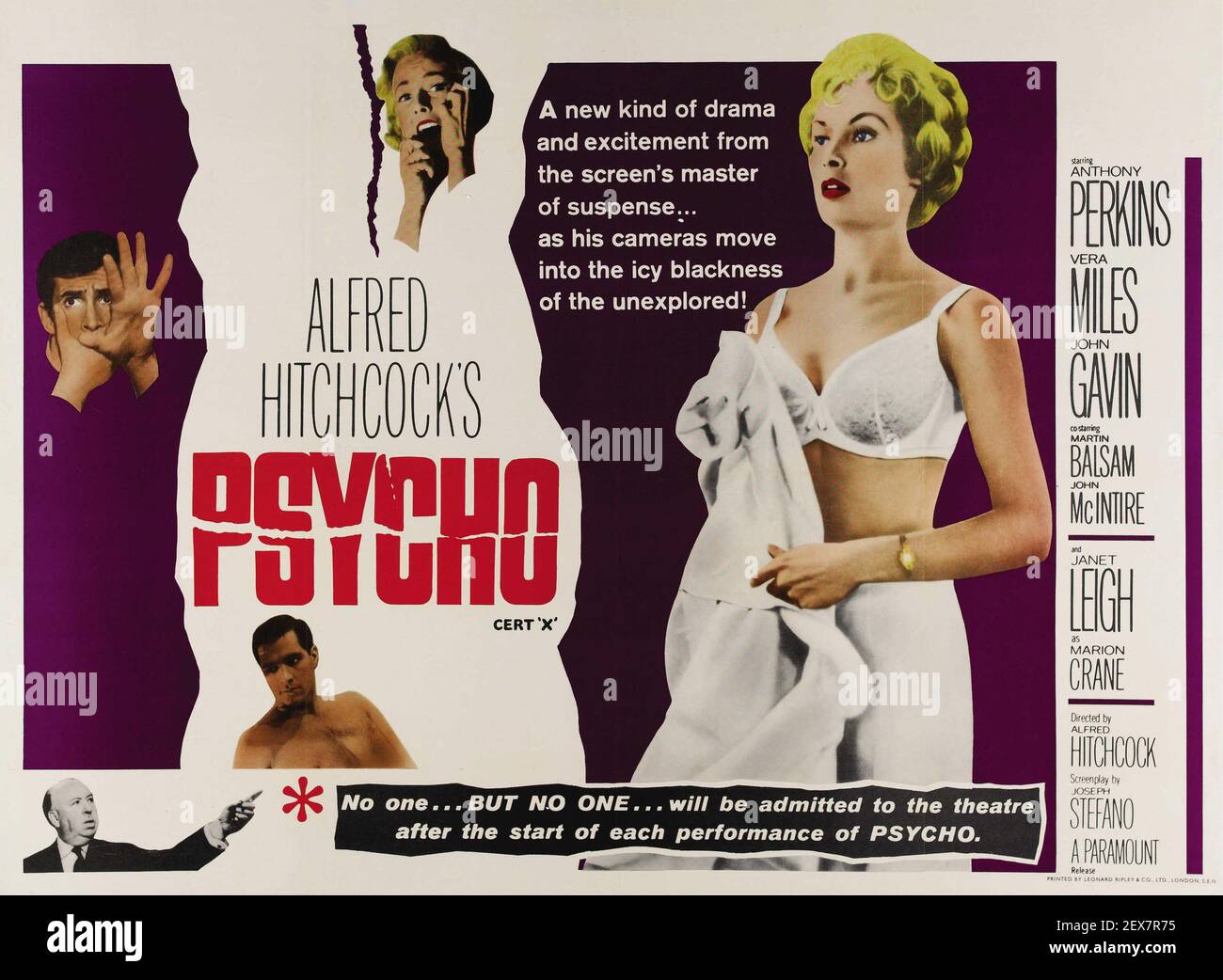 Psycho. Advertisement / poster.  Alfred Hitchcock. 1960. The film feat. Anthony Perkins, Janet Leigh, Vera Miles and John Gavin. Stock Photo