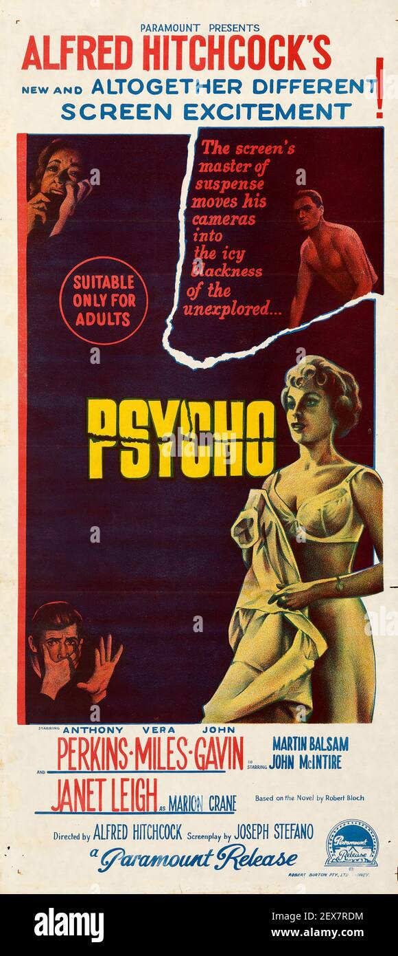 Psycho. Advertisement / poster.  Alfred Hitchcock. 1960. The film feat. Anthony Perkins, Janet Leigh, Vera Miles and John Gavin. Stock Photo