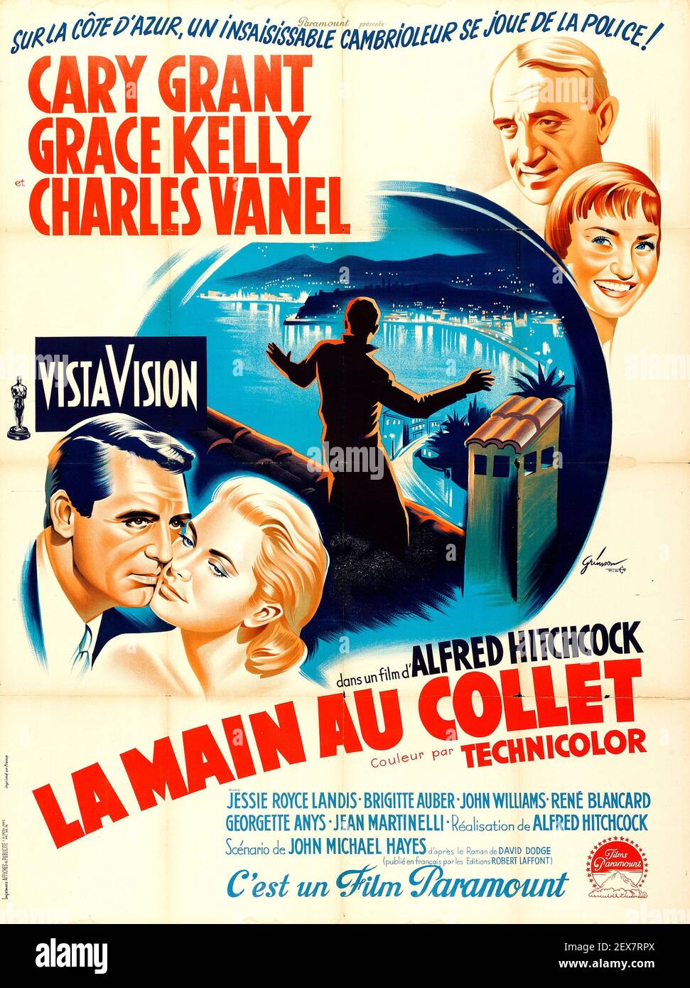 Cary Grant, Grace Kelly in Alfred Hitchcock movie poster for To Catch A  Thief. French version Stock Photo - Alamy