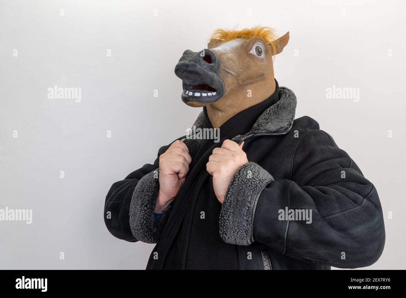 man in a horse mask. selective focus. horse is wearing a coat. male stud Stock Photo