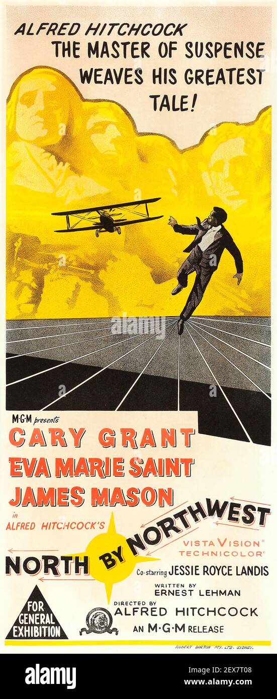 Cary Grant in North by Northwest, Alfred Hitchcock movie poster. Feat. Eva Marie Saint and James Mason. 1959. Stock Photo