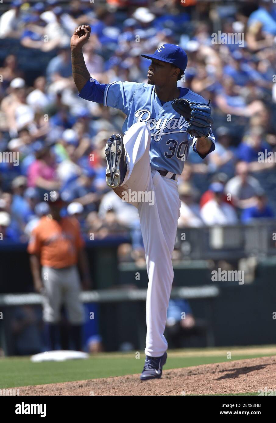 Kansas City Royals starting pitcher Yordano Ventura (30) high kicks on the  follow through as Houston Astros' Carlos Correa flied out to end the top of  the fifth inning during Sunday's baseball