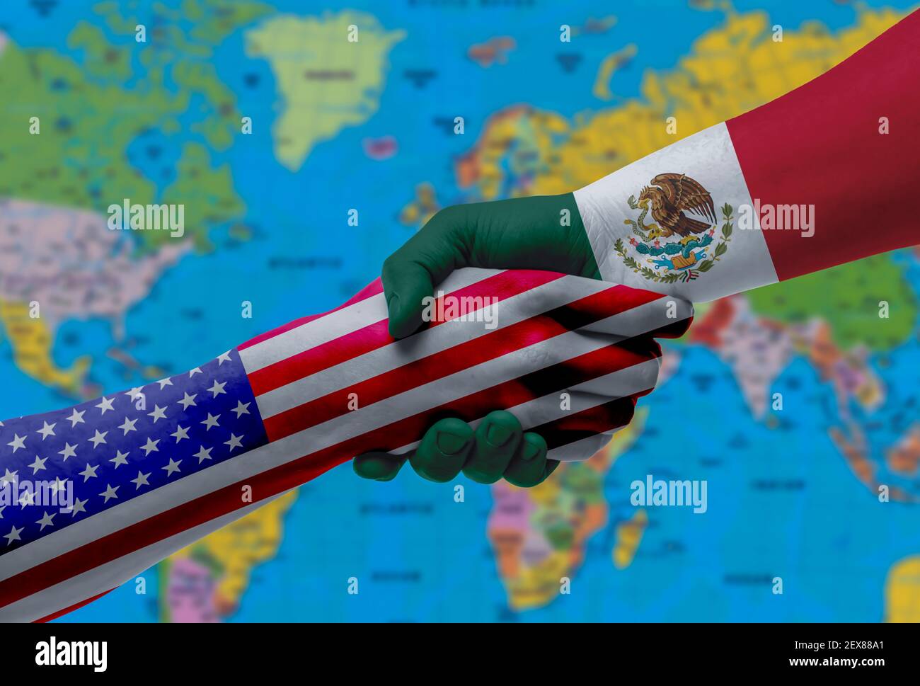 Mexico and USA Flag handshake symbolizing partnership and cooperation
