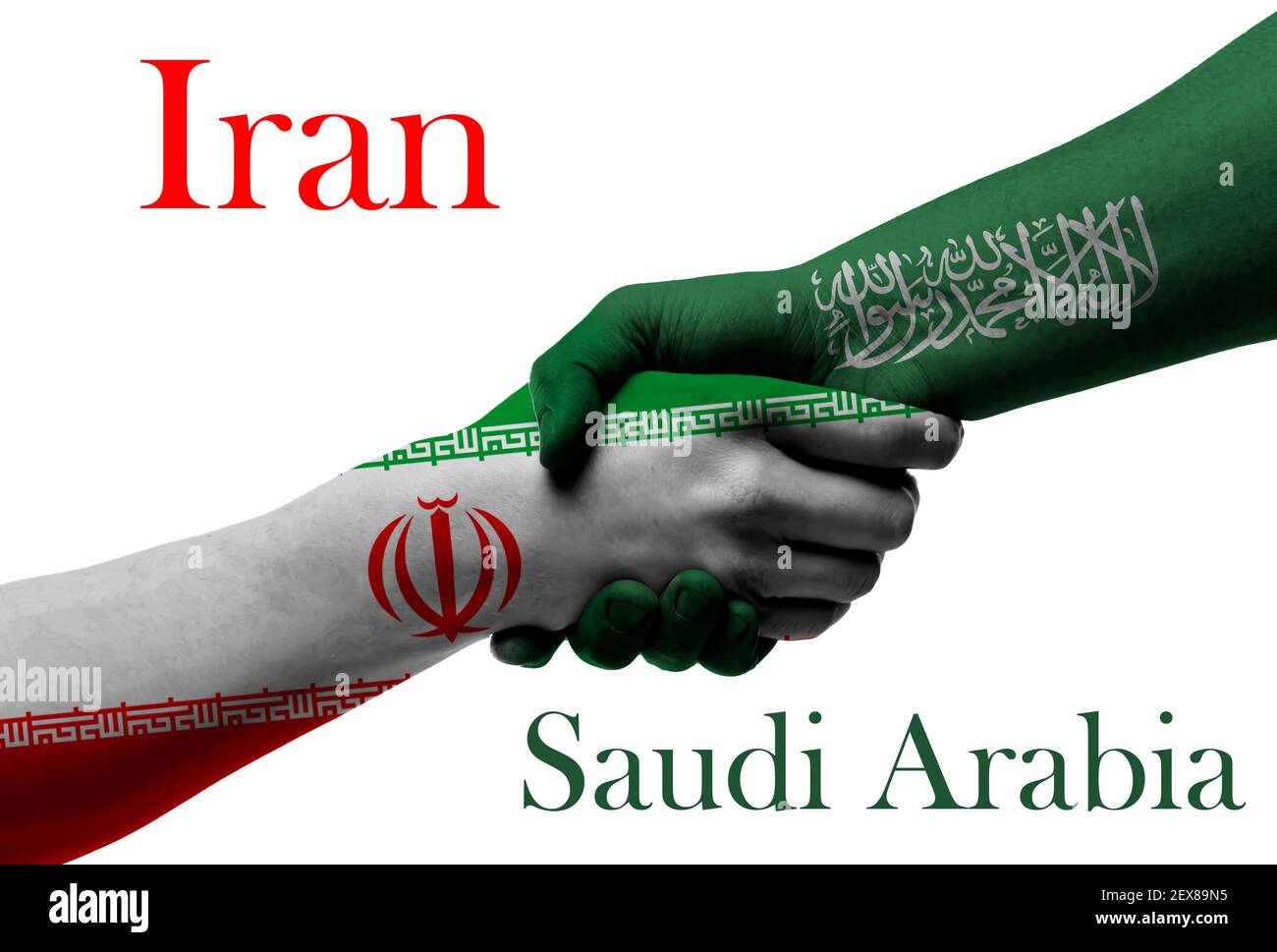 Iran and Saudi Arabia - Flag hands symbolizing cooperation and friendship Stock Photo