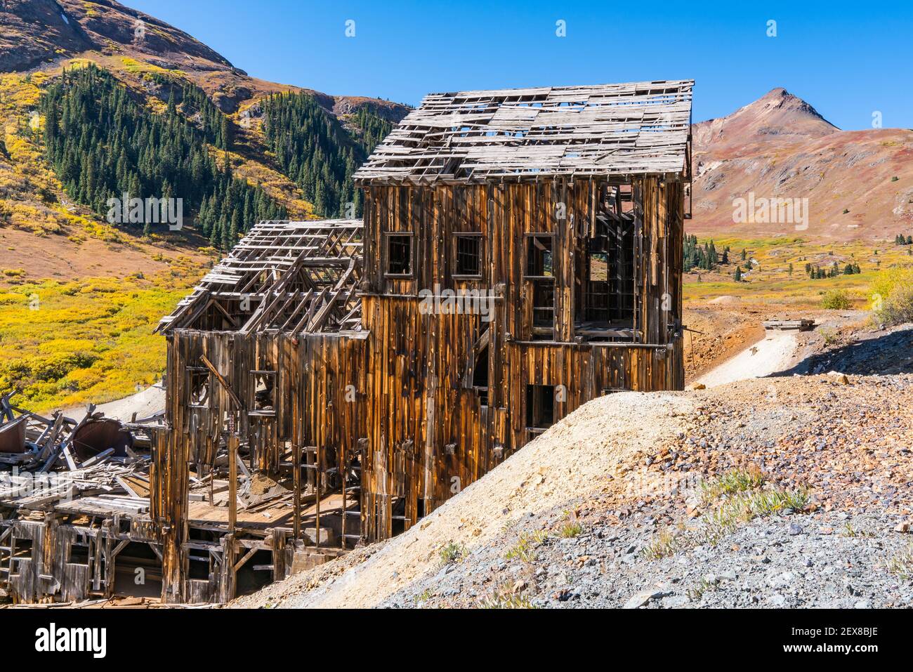 Old abandoned Animas Forks gold and silver mine in the San Juan Mountains of Colorado Stock Photo