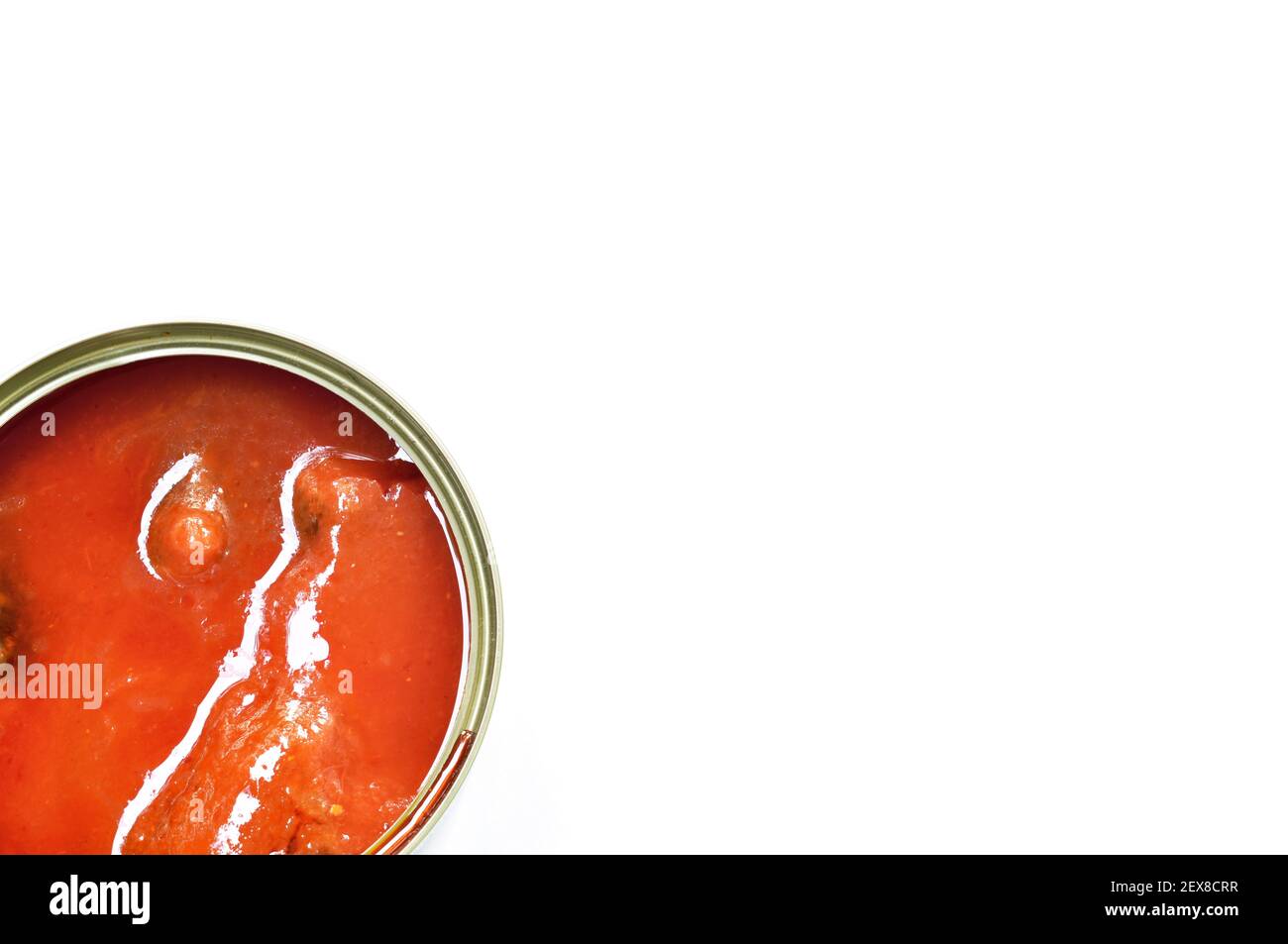 sardine or mackerel fish can food in ketchup package opened cap on white background Stock Photo