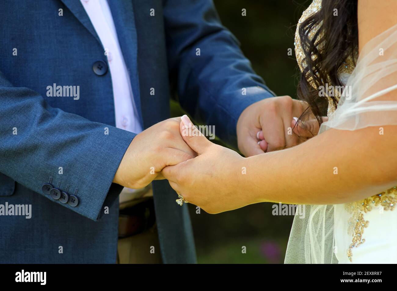An unrecognizable marrying couple holding each others' hands on a blurred background Stock Photo