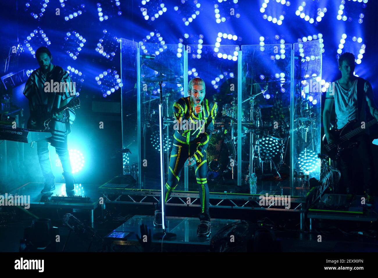 L-R) Tom Kaulitz, Bill Kaulitz, Gustav Schafe (On Drums) And Georg.