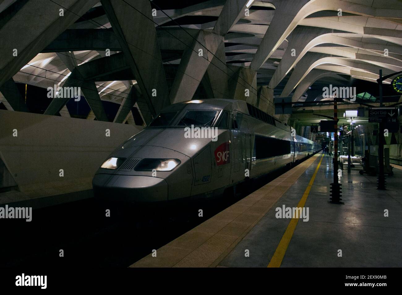 Interior of Lyon station with train, showing contemporary architecture, Auvergne-Rhône-Alpes region of France, Europe Stock Photo