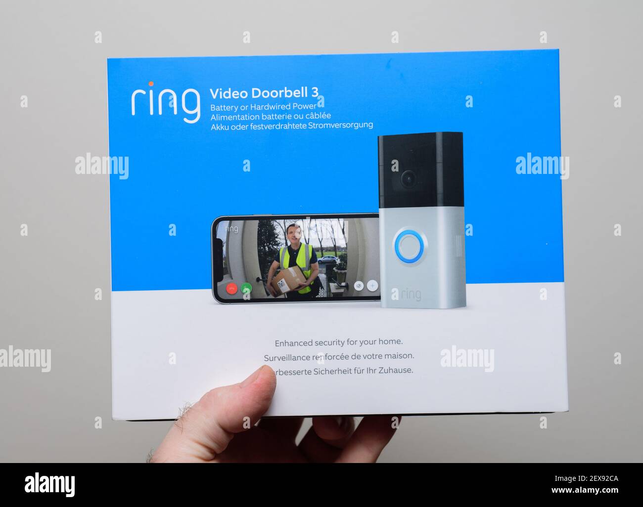 Paris, France - Feb 21, 2021: POV male hand holding isolated on white  background package of new latest Amazon Ring Video Doorbell 3 with enhanced  security for your home Stock Photo - Alamy