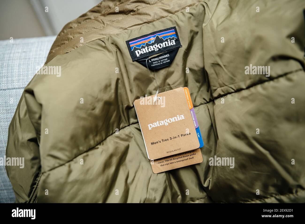Lyon, France - Feb 16, 2021: macro shot of new parka manufactured by Patagonia model Men's tres 3-in-1 regular fit luxury winter clothes Stock Photo - Alamy