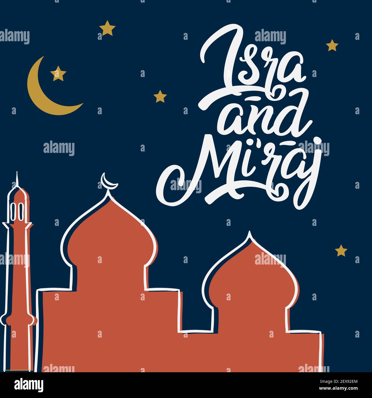 Al-Isra wal Mi'raj with Mosque Vector Illustration In Desert. The text mean The Night Journey of Prophet Muhammad Stock Vector
