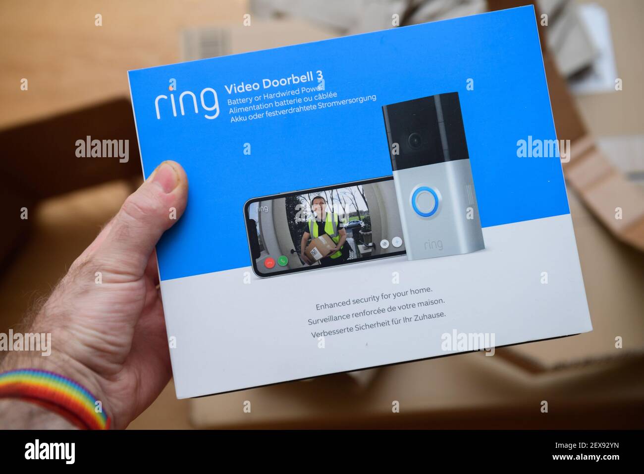 Paris, France - Feb 21, 2021: POV male hand holding before unboxing recent  parcel with package of new latest Amazon Ring Video Doorbell 3 with  enhanced security for your home Stock Photo - Alamy