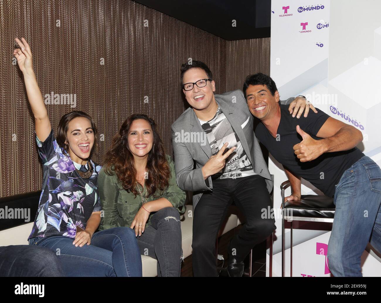 MIAMI-FL, AUG 18: Maria Elisa Camargo, Angelica Vale, Raul Gonzalez and  Gabriel Porras are seen during the press conference for "Premio Tu Mundo"  at The American Airlines Arena on August 18, 2015