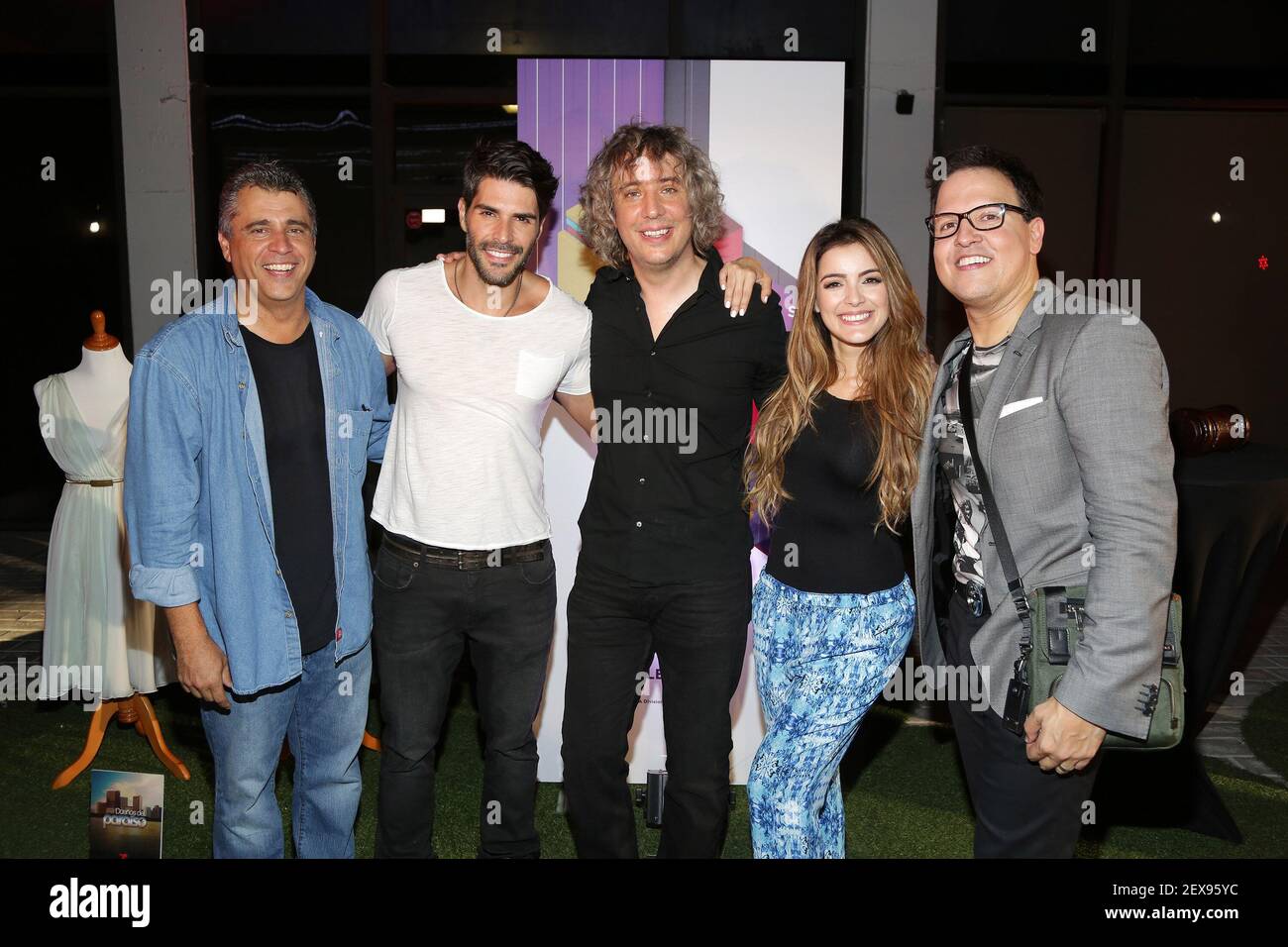 MIAMI,FL-AUG 18: Nicolas DiBlasi, Juan Pablo Llano, Jose Ignacio  Valenzuela, Daniela Navarro and Raul Gonzalez are seen during Telemundo  present Premios Tu Mundo Microteatro on August 18, 2015 in Miami, Florida:  (photo