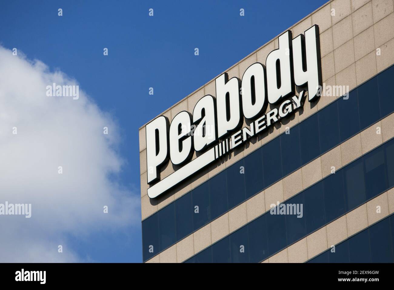 A logo sign outside of the headquarters of the Peabody Energy