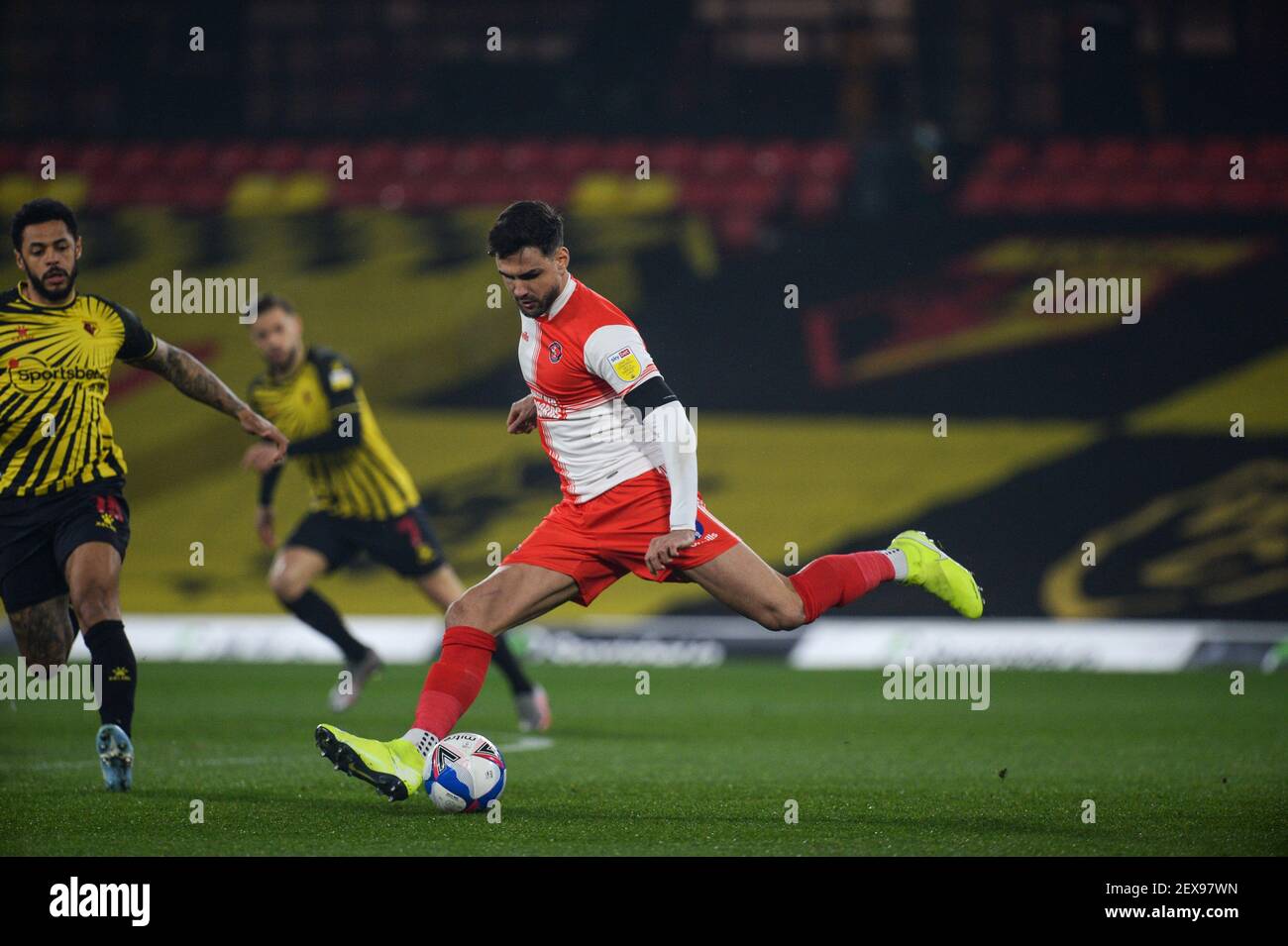 Vicarage Road, Watford, Hertfordshire, UK. 3rd Mar, 2021. English Football League Championship Football, Watford versus Wycombe Wanderers; Ryan Tafazolli of Wycombe Wanderers clears from defence. Credit: Action Plus Sports/Alamy Live News Stock Photo