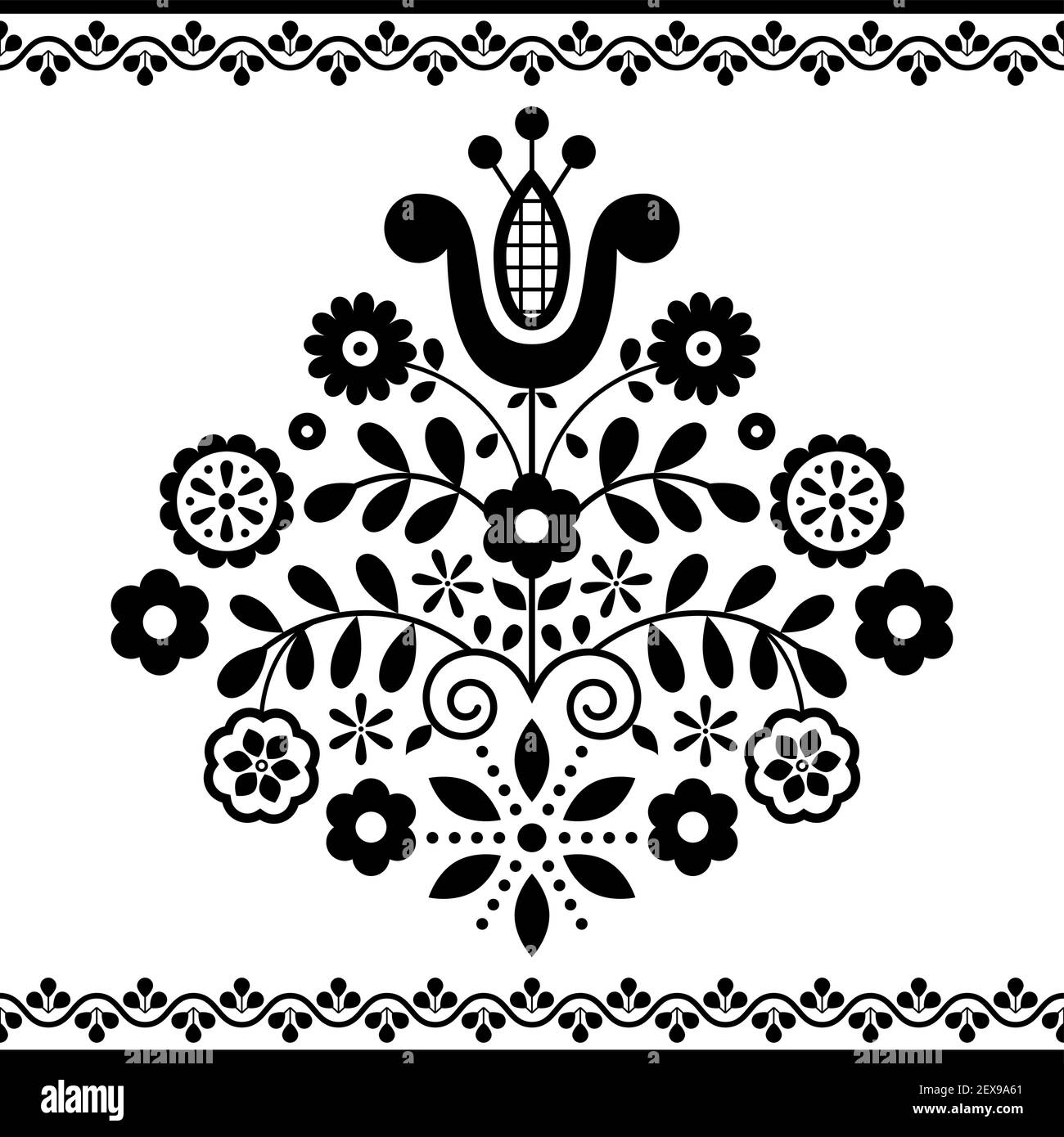 Polish  floral folk art vector pattern inspired by traditional highlanders embroidery Lachy Sadeckie - black and white greeting card design or wedding Stock Vector