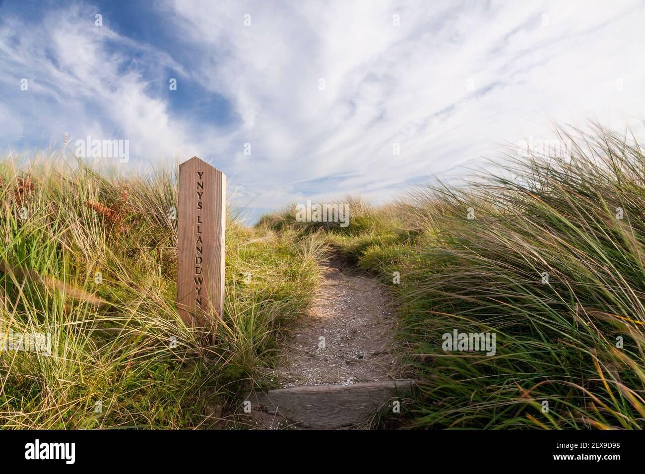 Signpost at Llanddwyn Island, Newborough Beach, Anglesey, North Wales Stock Photo