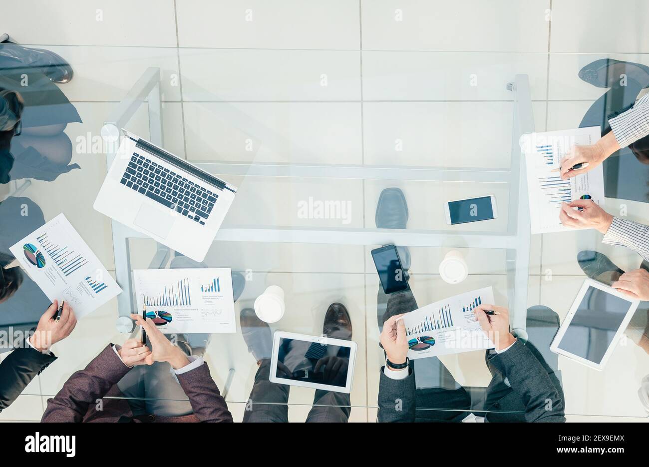 top view. working group analyzing financial data . Stock Photo