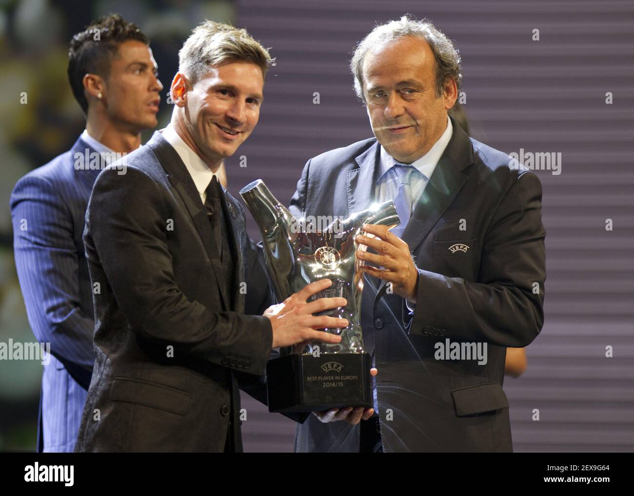 Monaco, Monte Carlo - August 27, 2015: UEFA Champions League Draw in Monaco with Michel Platini and Lionel Messi receiving the UEFA Best Player in Europe Award (Photo by Mandoga Media) *** Please Use Credit from Credit Field *** Stock Photo